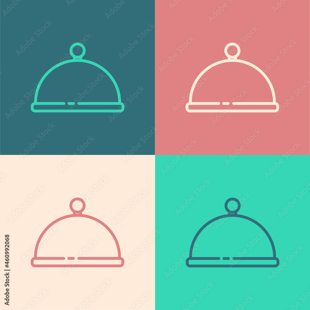 Pop art line Covered with a tray of food icon isolated on color background. Tray and lid. Restaurant cloche with lid. Kitchenware symbol. Vector Pop art line Covered with a tray of food icon isolated on color background. Tray and lid. Restaurant cloche with lid. Kitchenware symbol. Vector