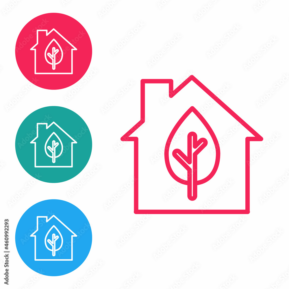 Red line Eco friendly house icon isolated on white background. Eco house with leaf. Set icons in circle buttons. Vector Red line Eco friendly house icon isolated on white background. Eco house with leaf. Set icons in circle buttons. Vector