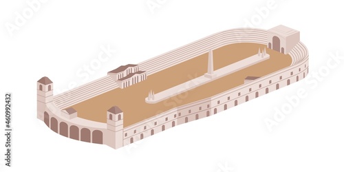 Roman large open-air Circus Maximus. Ancient public rectangle building with obelisk and seats. Imperial construction of Rome. Italian landmark. Flat vector illustration isolated on white background
