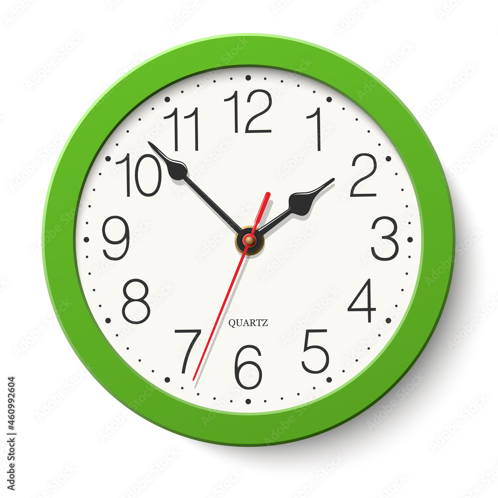 Round wall clock with green body isolated on white background. Round wall clock with green body isolated on white background.