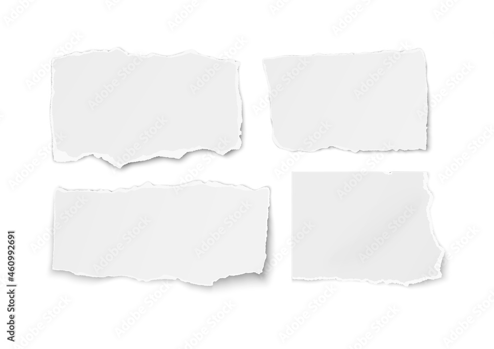 Set of paper different shapes ripped scraps fragments wisps isolated on white.