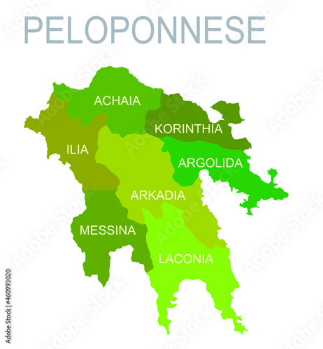 Green Peloponnese vector map vector silhouette illustration isolated on white background. Greek territory. Part of Greece coast line map regions administrative divisions, with separated provinces.