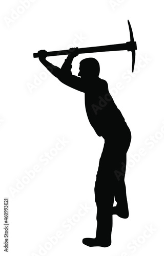 Construction worker with pickax  vector silhouette illustration. Man working in garden with gad. Gardener digging earth. Farmer with mattock. Digger worker mining ground with tool. Manual industry.