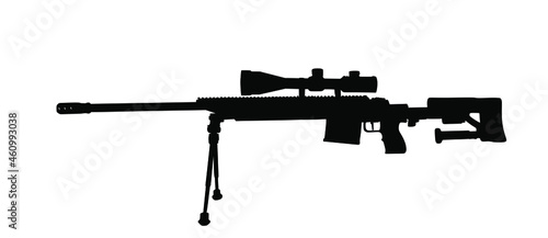 Sniper rifle vector silhouette illustration isolated on white background. Powerful deadly weapon with optic for long distance shooting.