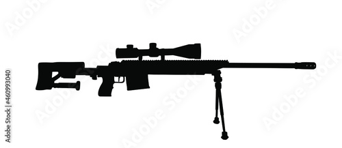 Sniper rifle vector silhouette illustration isolated on white background. Powerful deadly weapon with optic for long distance shooting.