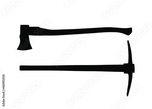 Ax and pickax vector silhouette illustration isolated on white. Firefighter, forester and construction worker tool. Hatchet to wood work. Lumberjacks equipment. Gad, mattock Digging and mining earth.