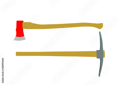 Ax and pickax vector illustration isolated on white. Firefighter, forester and construction worker tool. Hatchet to wood work. Lumberjacks equipment. Gad, mattock Digging and mining earth.