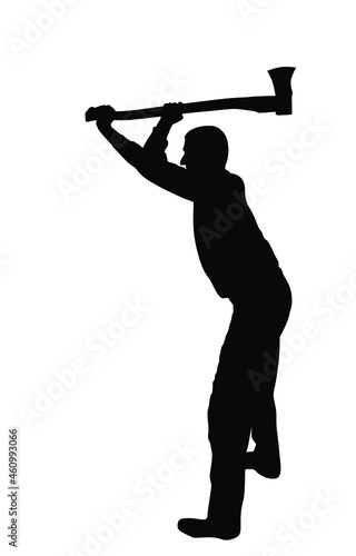 Lumberjack with ax vector silhouette illustration isolated on white background. Woodpecker on duty. Logger worker. Lumberman in action. Woodcutter man hold axe. Forester worker. hatchet wood work.