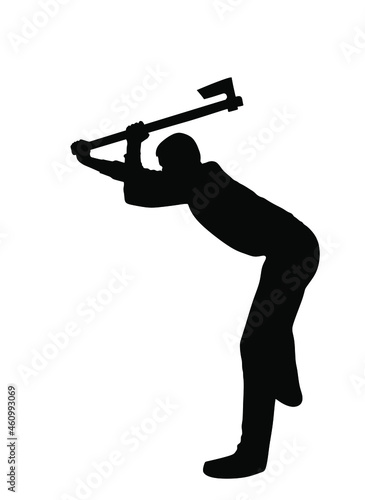 Lumberjack with ax vector silhouette illustration isolated on white background. Woodpecker on duty. Logger worker. Lumberman in action. Woodcutter man hold axe. Forester worker. hatchet wood work.
