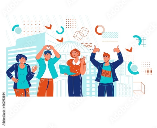 Group of modern successful business people. Business team of professionals searching growth opportunities and business solution. Career achievements and teamwork, flat vector illustration.