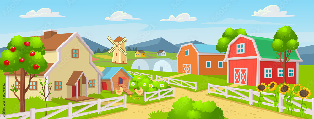 Farm panorama with a greenhouse, chicken coop, barn, houses, mills, fields, trees. Vector illustration in cartoon style.