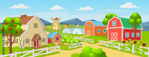Farm panorama with a greenhouse, chicken coop, barn, houses, mills, fields, trees. Vector illustration in cartoon style.