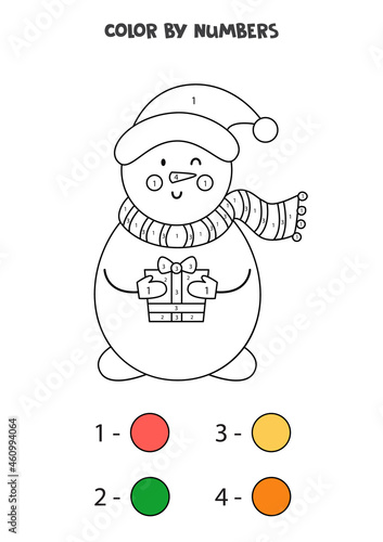 Color cute cartoon snowman by numbers. Worksheet for kids.