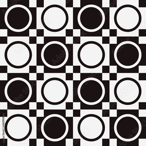 Abstract black and white checker tiles or board. Vector checkers or circles and cells like chessboard. Seamless geometric shapes.