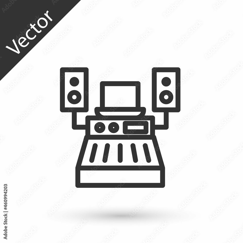 Grey line Music sound recording studio control room with professional equipment icon isolated on white background. Vector