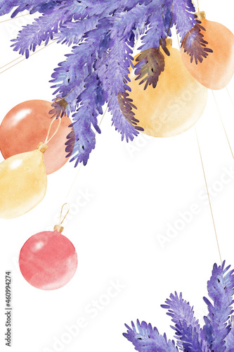 watercolor frame with stylized christmas tree branches and balls