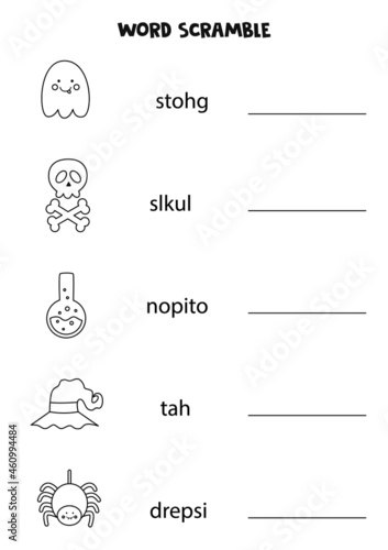 Puzzle for kids. Word scramble for children. Black and white Halloween pictures.
