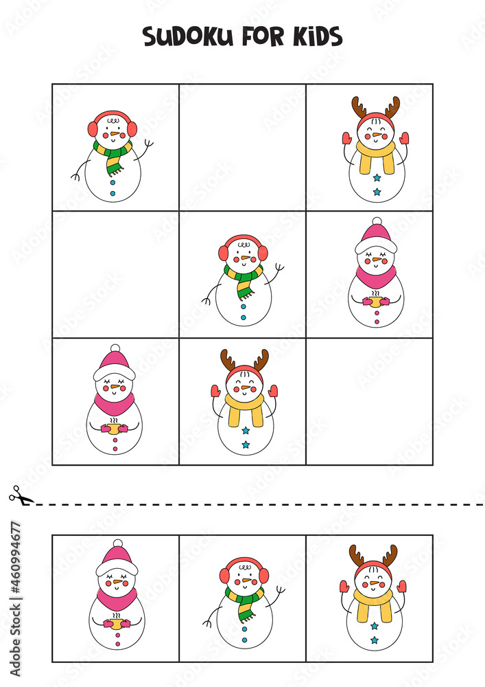 Sudoku game for kids with cute cartoon snowmen.