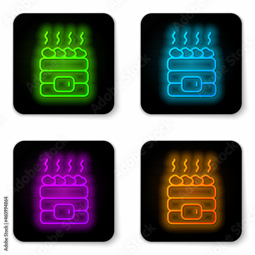 Glowing neon line Hot sauna stones icon isolated on white background. Spa resort recreation, bathhouse relaxation. Hot stones on electric heater. Black square button. Vector