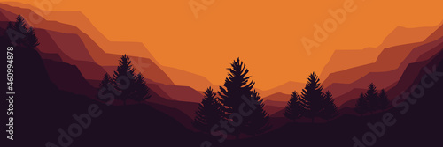 landscape mountain scenery with pine tree silhouette vector illustration for pattern background, wallpaper, background template, and backdrop design