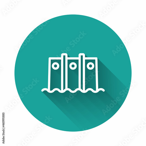 White line Hydroelectric dam icon isolated with long shadow background. Water energy plant. Hydropower. Hydroelectricity. Green circle button. Vector