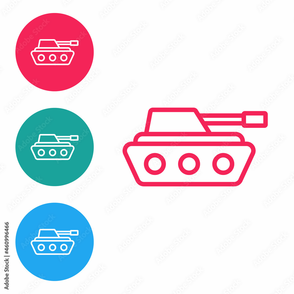 Red line Military tank icon isolated on white background. Set icons in circle buttons. Vector Red line Military tank icon isolated on white background. Set icons in circle buttons. Vector