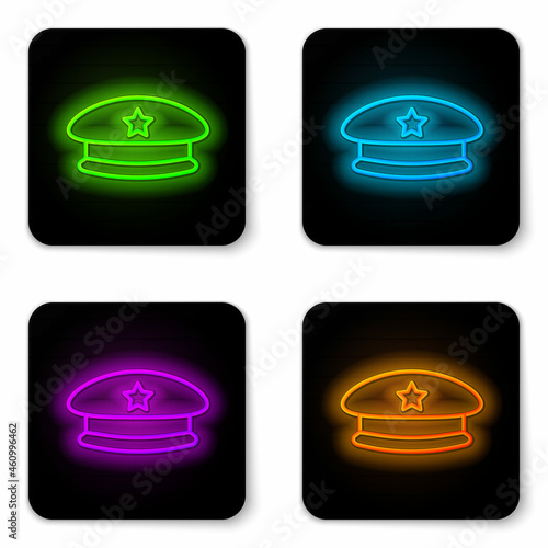 Glowing neon line Military beret icon isolated on white background. Soldiers cap. Army hat. War baret. Black square button. Vector