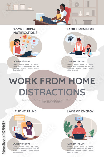 Work from home distractions flat color vector infographic template. Poster with text, PPT page concept design with cartoon characters. Creative data visualization. Info banner idea
