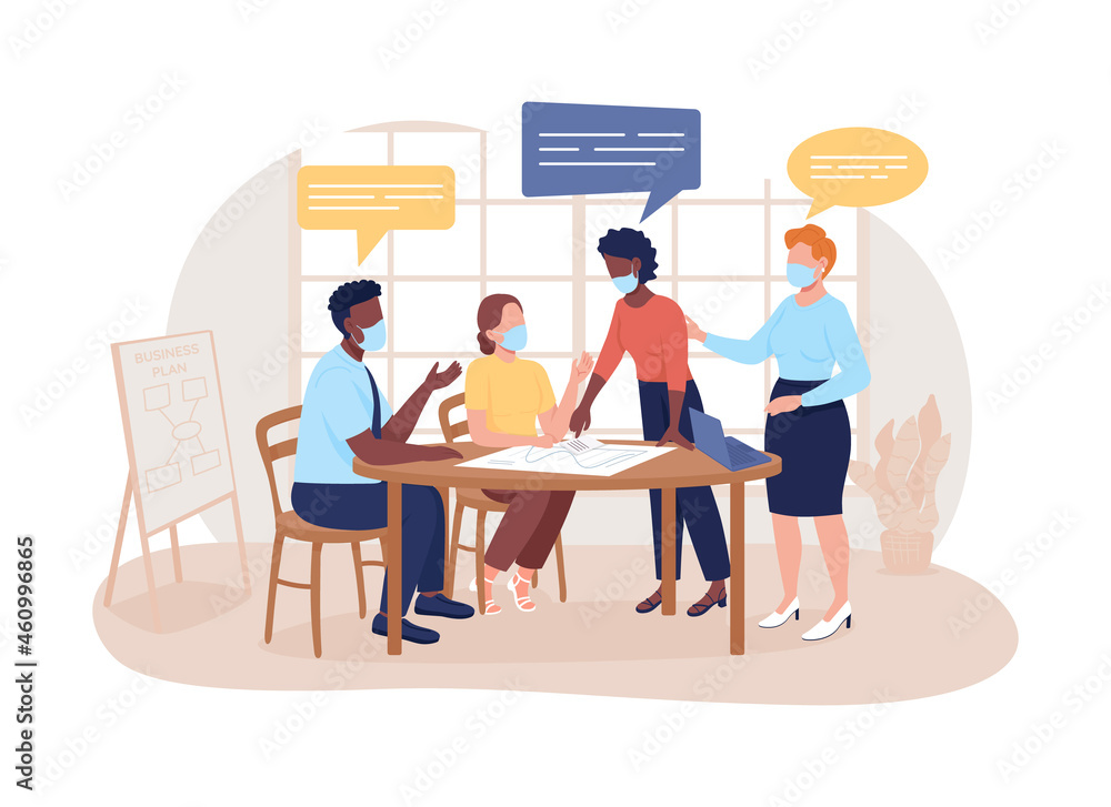 Team in masks at briefing 2D vector isolated illustration. Coworkers planning strategy flat characters on cartoon background. Corporate meeting with health safet measures colourful scene