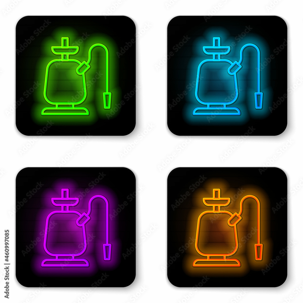 Glowing neon line Hookah icon isolated on white background. Black square button. Vector Glowing neon line Hookah icon isolated on white background. Black square button. Vector