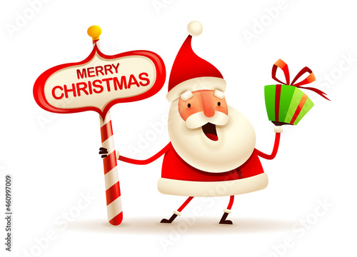 Christmas character - Santa Claus with Christmas gift box present and North Pole signboard on white background. Isolated.