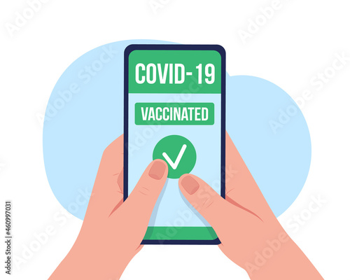 Mobile vaccination passport 2D vector isolated illustration. Hands holding smartphone with immunization pass flat scene on cartoon background. Medical electronic document colourful scene