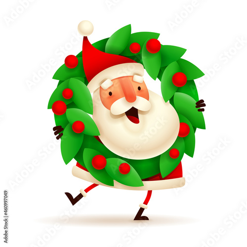 Christmas character - Santa Claus with a Christmas wreath on white background. Isolated.