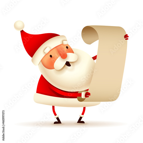 Christmas character - Santa Claus checking his list on white background. Isolated.
