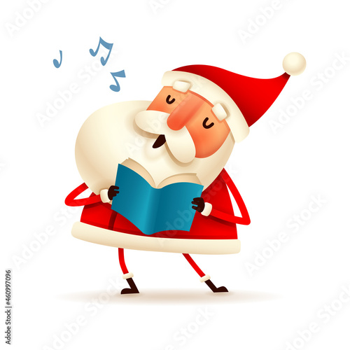 Christmas character - Santa Claus singing Christmas carols on white background. Isolated.