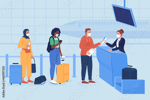 Safe boarding in airport terminal flat color vector illustration. Post covid health precaution. Passengers in facial respiratory masks 2D cartoon characters with airport blue interior on background