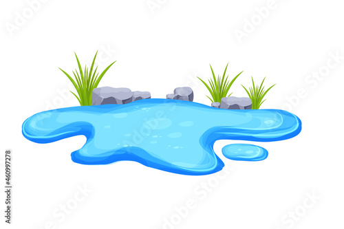 Pond, water puddle with grass and stones in cartoon style isolated on white background. Small lake,outdoor nature decoration, oasis.