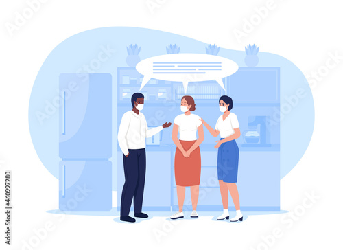 Coworkers in masks talk in kitchen 2D vector isolated illustration. Corporate employee in precautious facial masks flat characters on cartoon background. Post covid health safety colourful scene