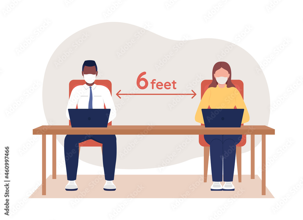 Office employee at safe social distance 2D vector isolated illustration. People in respiratory facial masks flat characters on cartoon background. Post covid precaution measures colourful scene