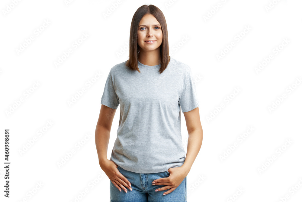 Young woman in gray shirt isolated Young woman in gray shirt isolated