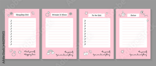 Daily planner lists set. Cute girl hand drawn to do list, dreams and ideas organizer, shopping list, notes. Reminder notebook blanks. Outlined doodle icons design. Pink and black color palette.