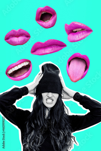 Contemporary minimal pop surrealism collage art.  Nervos Girl and lips emotions. Psychology concept photo