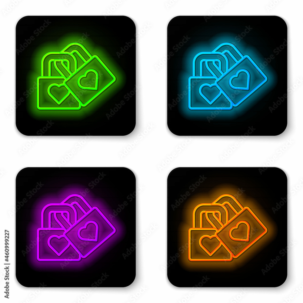 Fototapeta premium Glowing neon line Lock with heart icon isolated on white background. Locked Heart. Love symbol and keyhole sign. Valentines day symbol. Black square button. Vector