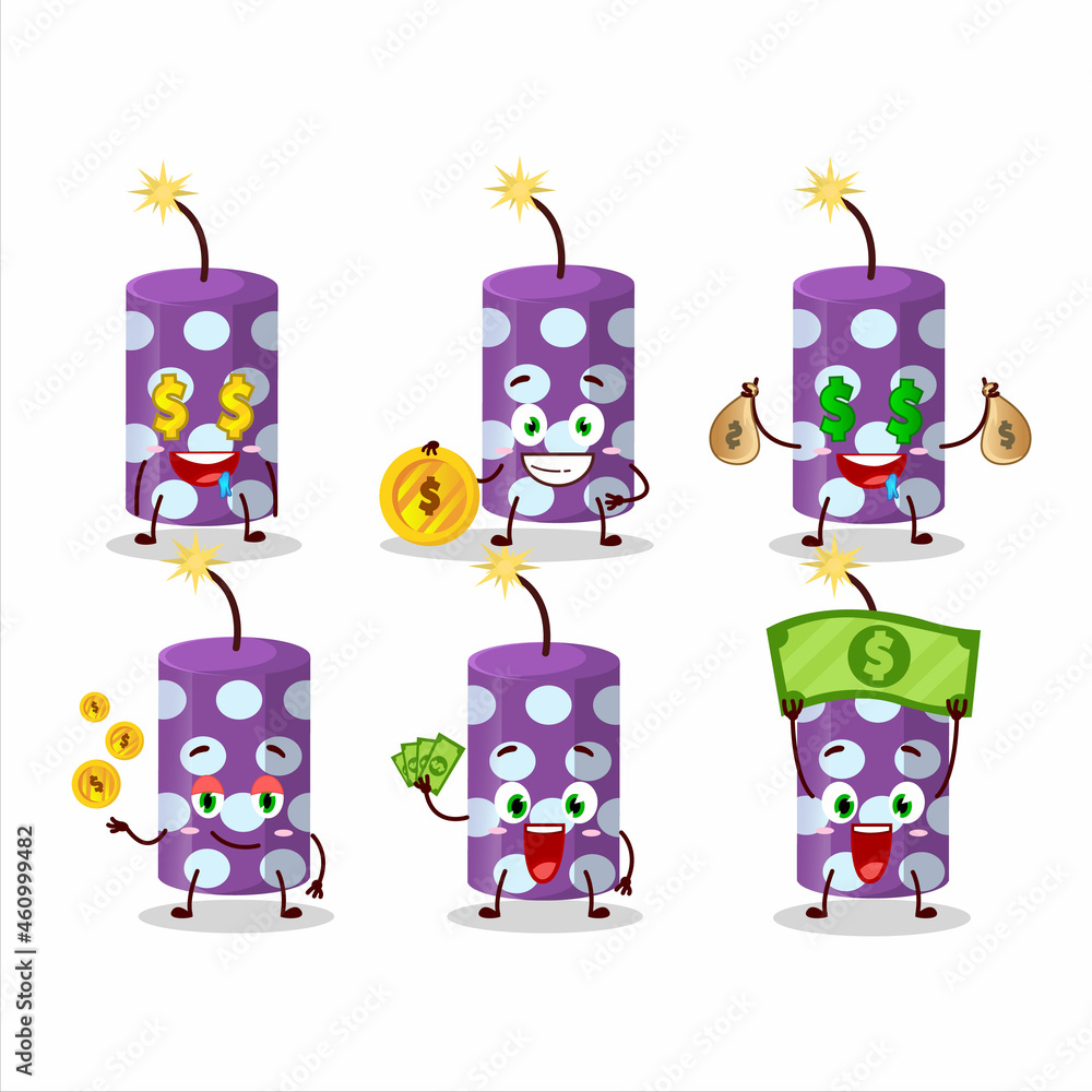 Obraz premium Purple firecracker cartoon character with cute emoticon bring money