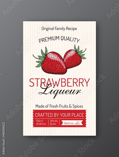 Family recipe Strawberry liqueur alcohol label template. Modern vector packaging design layout. Retro banner with typography and hand drawn fruit