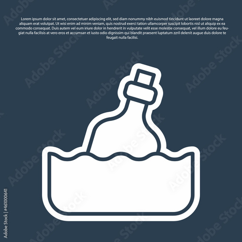 Blue line Glass bottle with a message in water icon isolated on blue background. Letter in the bottle. Pirates symbol. Vector