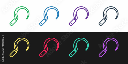 Set line Sickle icon isolated on black and white background. Reaping hook sign. Vector