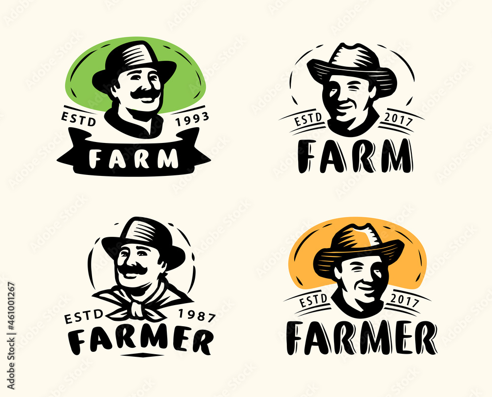 Portrait of happy farmer in hat, logo. Farm, agriculture set of labels vector illustration Portrait of happy farmer in hat, logo. Farm, agriculture set of labels vector illustration
