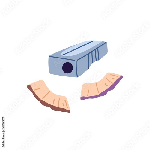 Pencil sharpener with wood remains. Graphite sharpening metal tool with wooden shavings. Office and school stationery. Flat vector illustration isolated on white background
