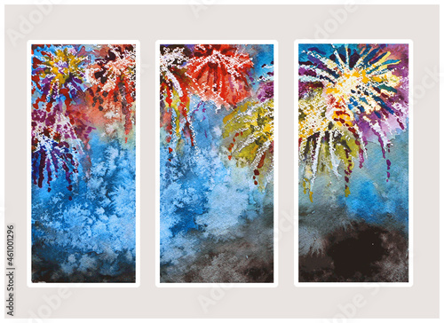 Colorful night sky full of fireworks for festive occasion, New Year, 4th of July, Diwali, Labor day, Pride night. Watercolor illustration hand drawn and brush paint on paper with copy space set 